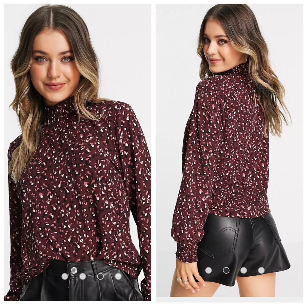 ASOS Burgundy Smocked Romantic Long Sleeve Blouse Coquette Cottagecore Top - L‎